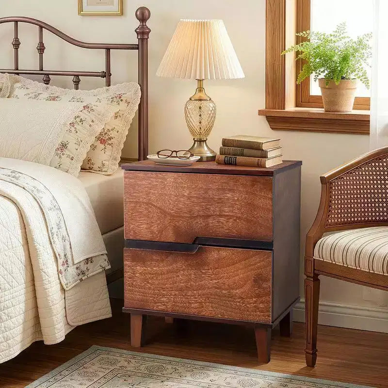 Karl Home Brown P2 MDF Nightstand Solid Legs Handleless 2 Drawers 20.1 Inch