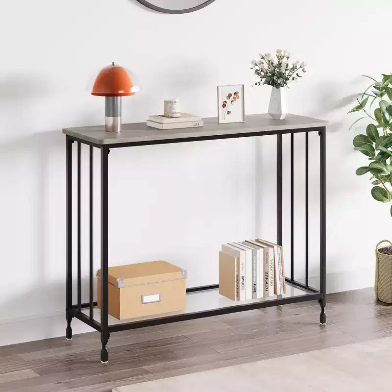 Console, table de canapé, avec étagère en verre et cadre en métal, table de couloir étroite, console étroite, pour entrée, salon, chambre
