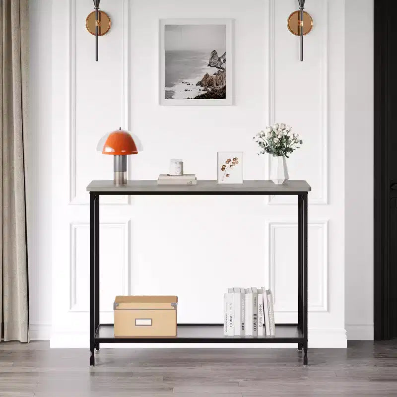 Console, table de canapé, avec étagère en verre et cadre en métal, table de couloir étroite, console étroite, pour entrée, salon, chambre