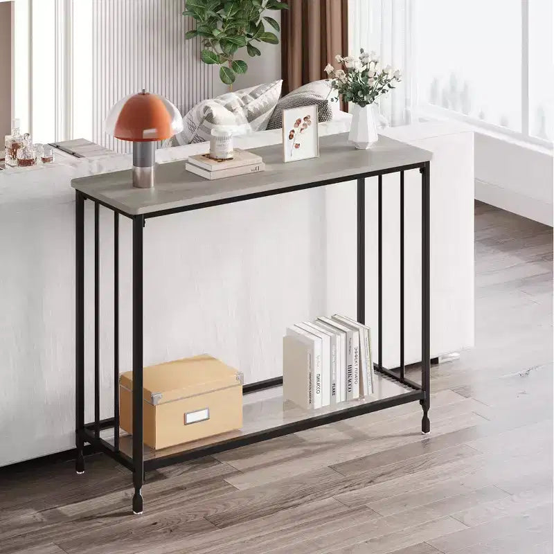 Console, table de canapé, avec étagère en verre et cadre en métal, table de couloir étroite, console étroite, pour entrée, salon, chambre
