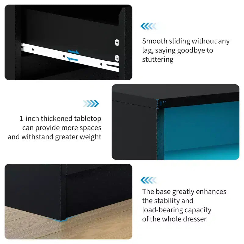 4 Drawer Dresser with LED Light and Charging Station, 2pcs Storage Chest with Power Outlet, Accent Double Dresser for Bedroom Living Room, Black
