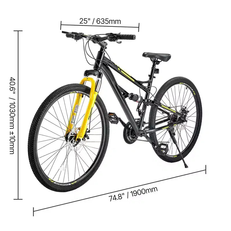 Bicicleta de montaña NAYSAYE de 29 pulgadas con 24 velocidades, suspensión delantera y frenos de disco dobles para aventuras al aire libre en senderos, negro, 57.87*9.45*30.91