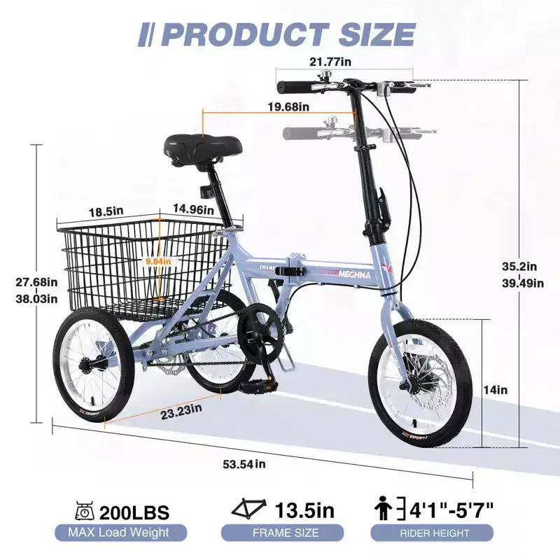 Triciclo Plegable para Adultos NAYSAYE con Cesta, Cuadro de Acero Plegable, Gran Capacidad de Carga para Compras y Viajes al Aire Libre, Azul, 53.54*23.23*39.49