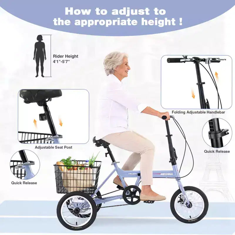 Triciclo Plegable para Adultos NAYSAYE con Cesta, Cuadro de Acero Plegable, Gran Capacidad de Carga para Compras y Viajes al Aire Libre, Azul, 53.54*23.23*39.49