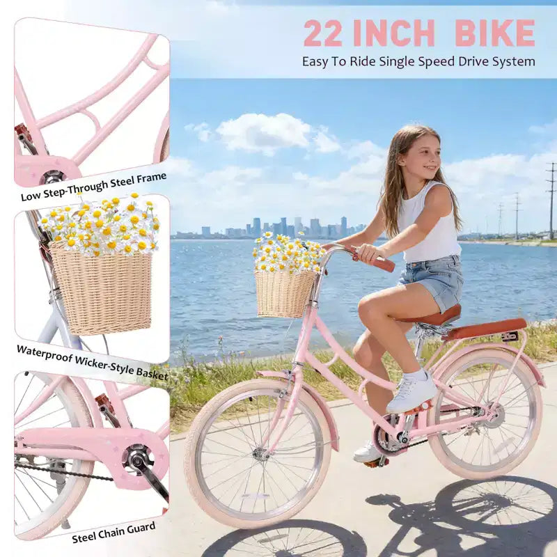 Bicicleta urbana NAYSAYE Beach Cruiser para niñas con cesta delantera y cuadro de acero resistente para un viaje cómodo en la ciudad, rosa, 58.39*24.53*36.93