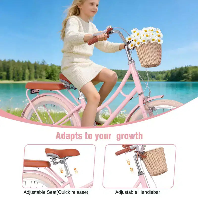 Bicicleta urbana NAYSAYE Beach Cruiser para niñas con cesta delantera y cuadro de acero resistente para un viaje cómodo en la ciudad, rosa, 58.39*24.53*36.93