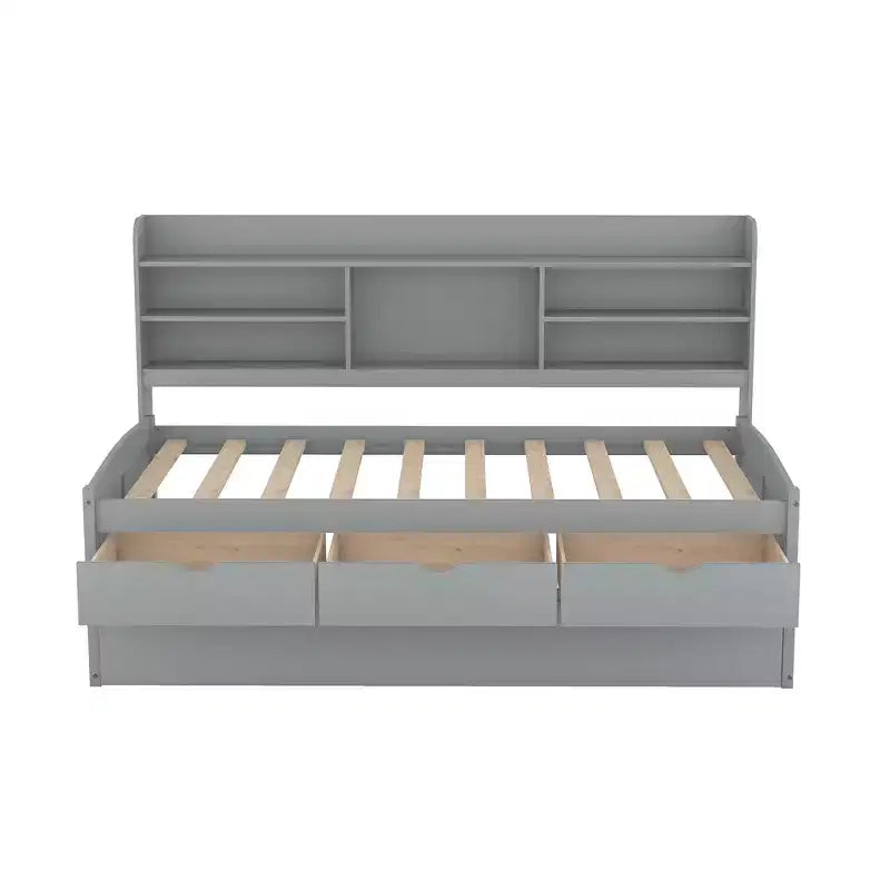FAMYYT Twin Size Wooden Captain Bed?With Built-in Bookshelves, Three Storage Drawers and Trundle, Easy Assembly