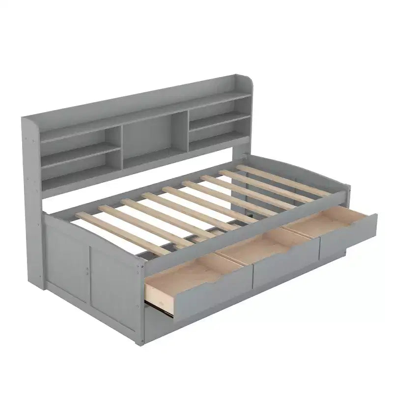 FAMYYT Twin Size Wooden Captain Bed?With Built-in Bookshelves, Three Storage Drawers and Trundle, Easy Assembly