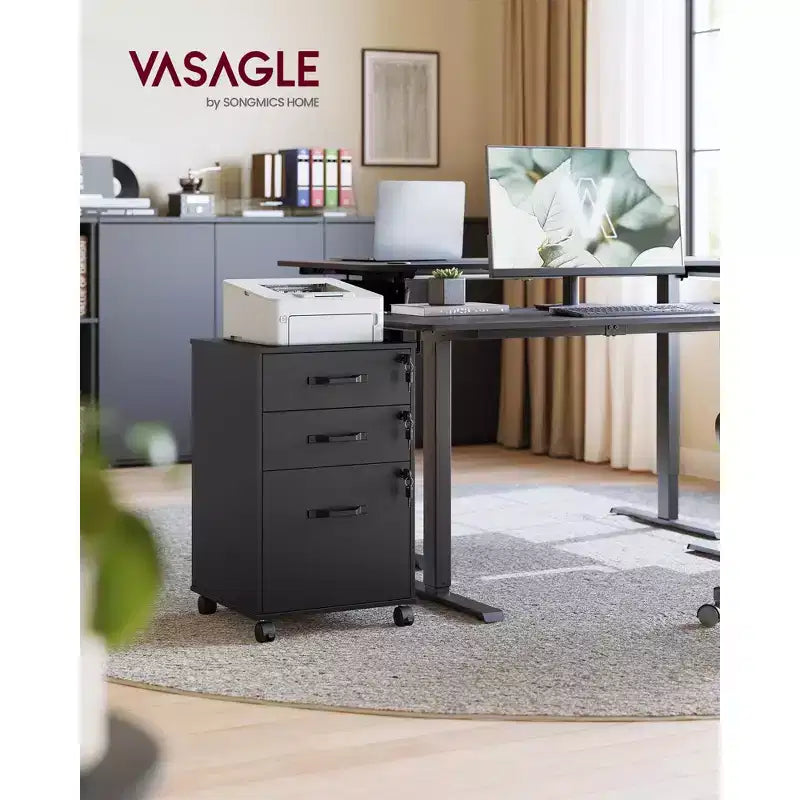 VASAGLE Mobile File Cabinet, 3 Drawers with Wheels, for A4, Letter Sized Documents, Adjustable Hanging Rail for File Folders, Lockable, Ink Black