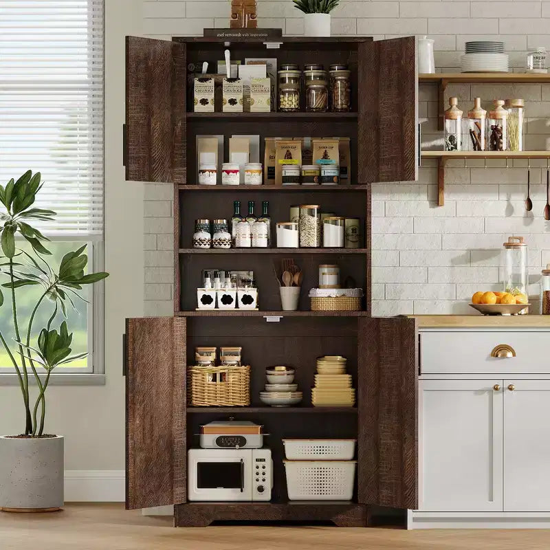 67Farmhouse Tall Storage Cabinet with Glass Doors,Adjustable Shelves Drawer,Anti-Tip Freestanding Pantry Cabinet for Bathroom Kitchen Living Room