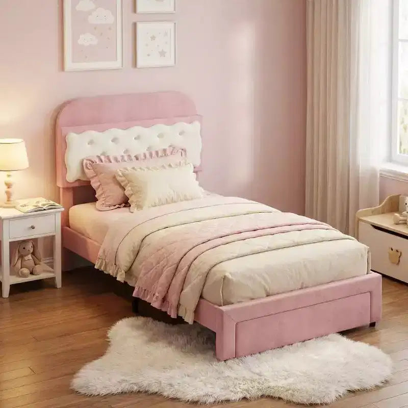 Twin Bed Frames, Velvet Upholstered Platform Bed with Biscuit Tufted Storage Headboard, Sturdy Wood Slats, No Box Spring Needed, Easy Assembly