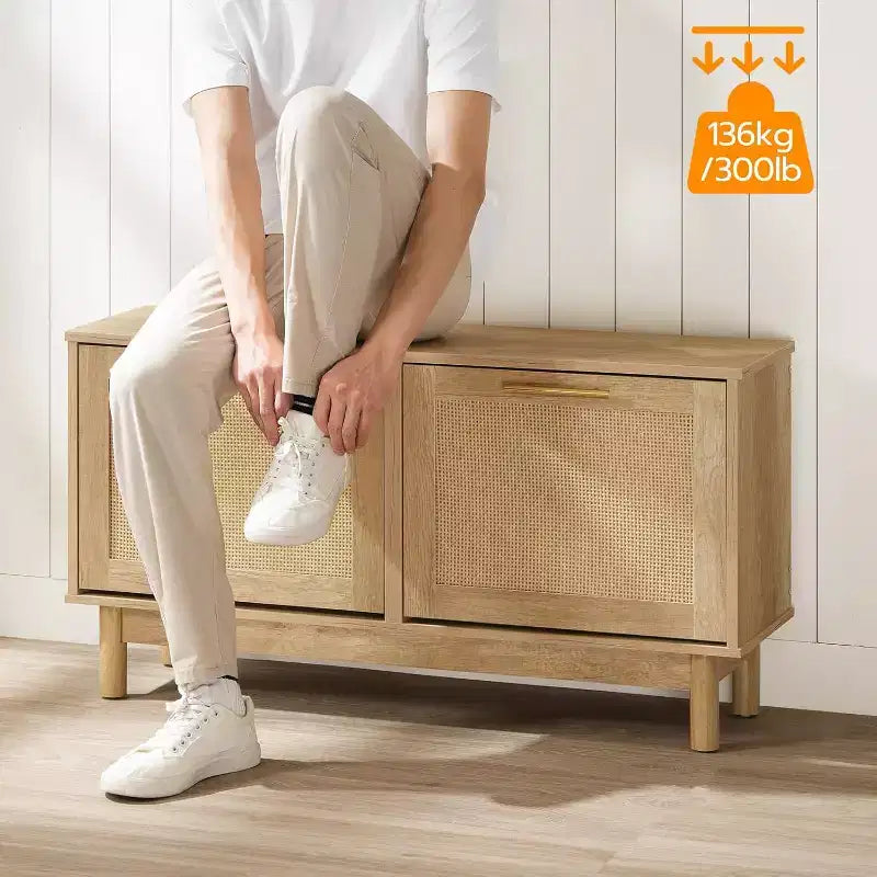 Banc de rangement pour chaussures en rotin ALUCSET, banc d'entrée de 100 cm avec 2 tiroirs basculants, armoire à chaussures dissimulée, étagères réglables, capacité de 136 kg
