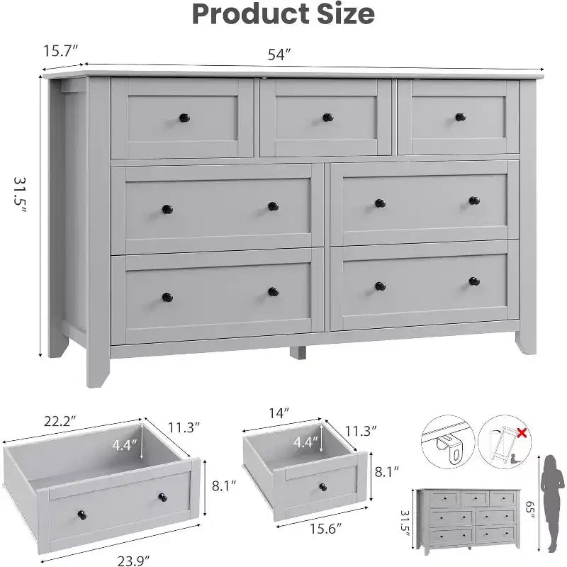 LinTimes 54 Modern 7-Drawer Dresser with Deep Drawers & Metal Knobs, Wooden Storage Chest for Bedroom, Entryway, Hallway
