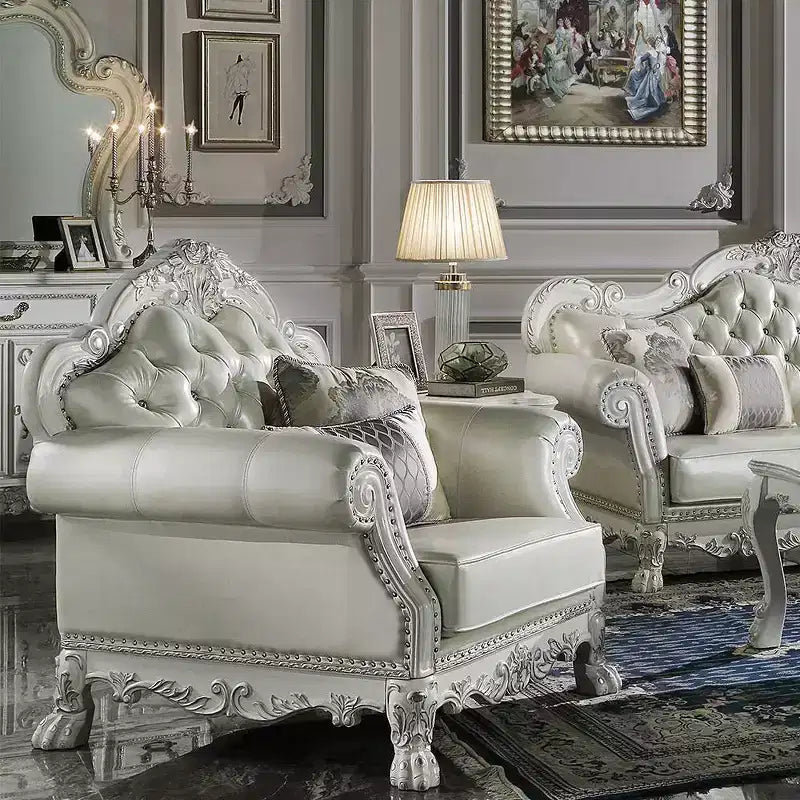 44.8" Dresden Accent Chair Leather Aire/Bone White Finish - Acme Furniture: No Assembly, Tufted Back