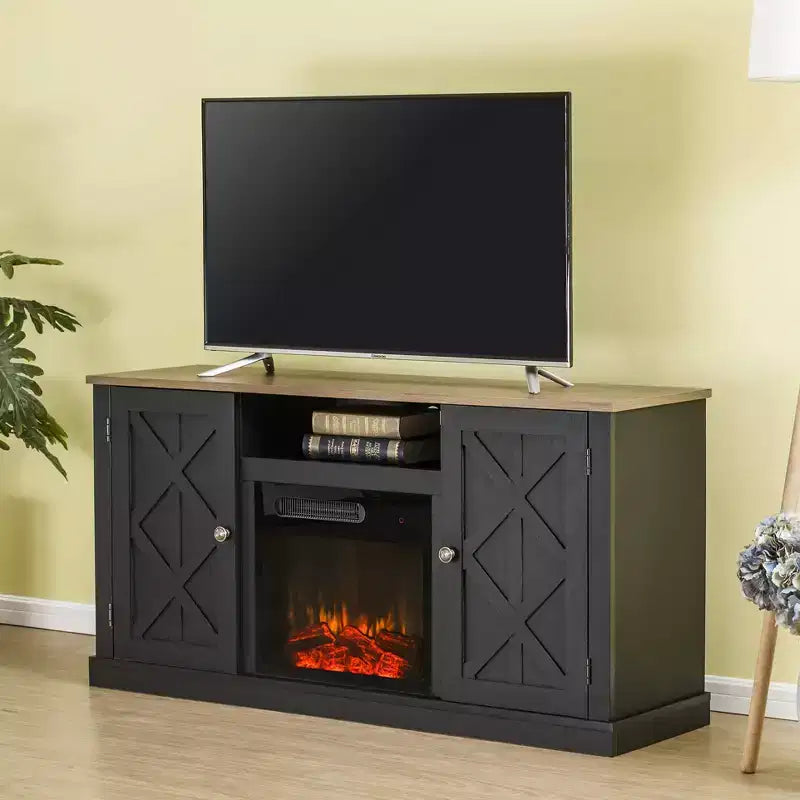Electric Fireplace and TV Stand for TVs up to 60" Gray - Home Essentials: MDF Wood Composite, Nickel Hardware