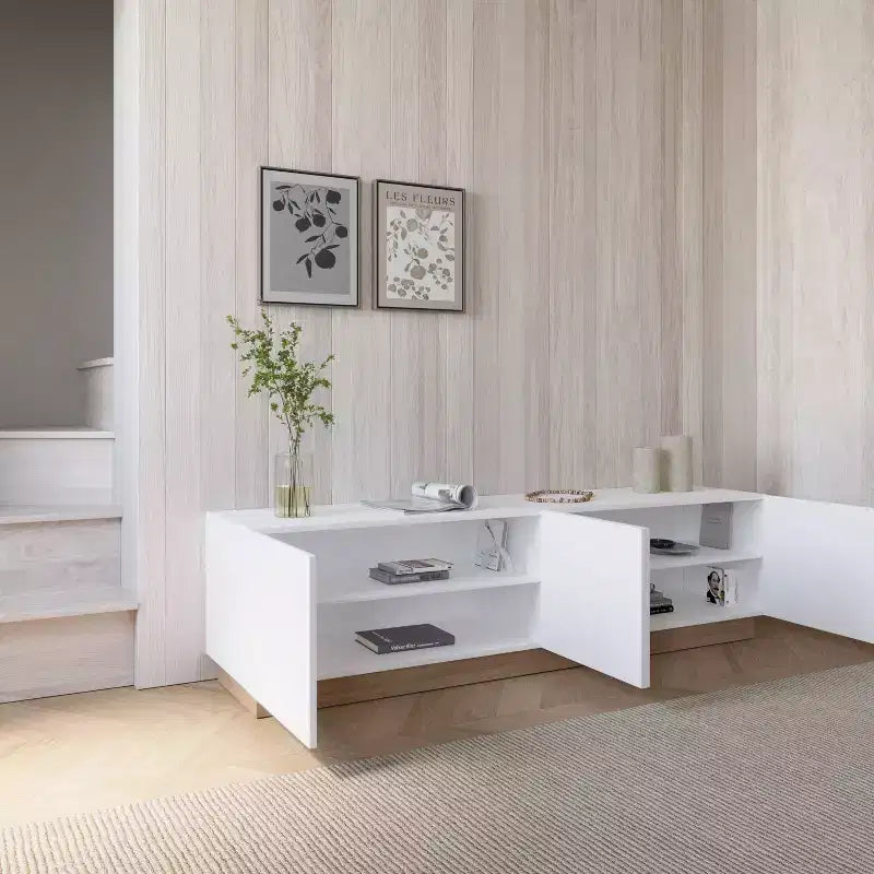 Mueble para TV Nexera Nauraa para televisores de hasta 80" Blanco: Consola moderna con estantes ajustables y gestión de cables