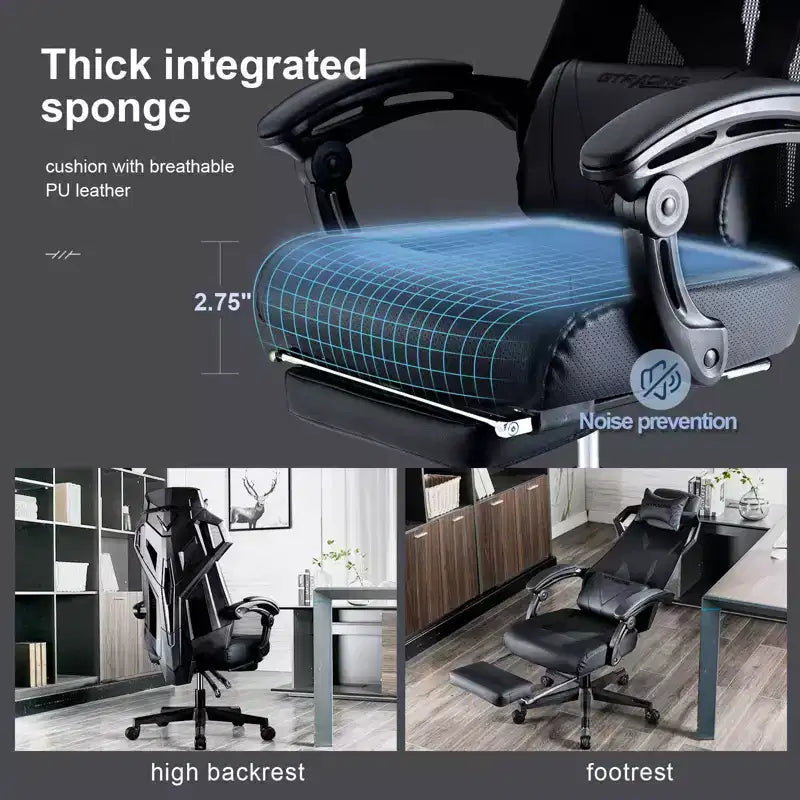 GTRACING Silla Gaming Silla de Oficina de Malla Ergonómica Reclinable con Reposapiés Negra
