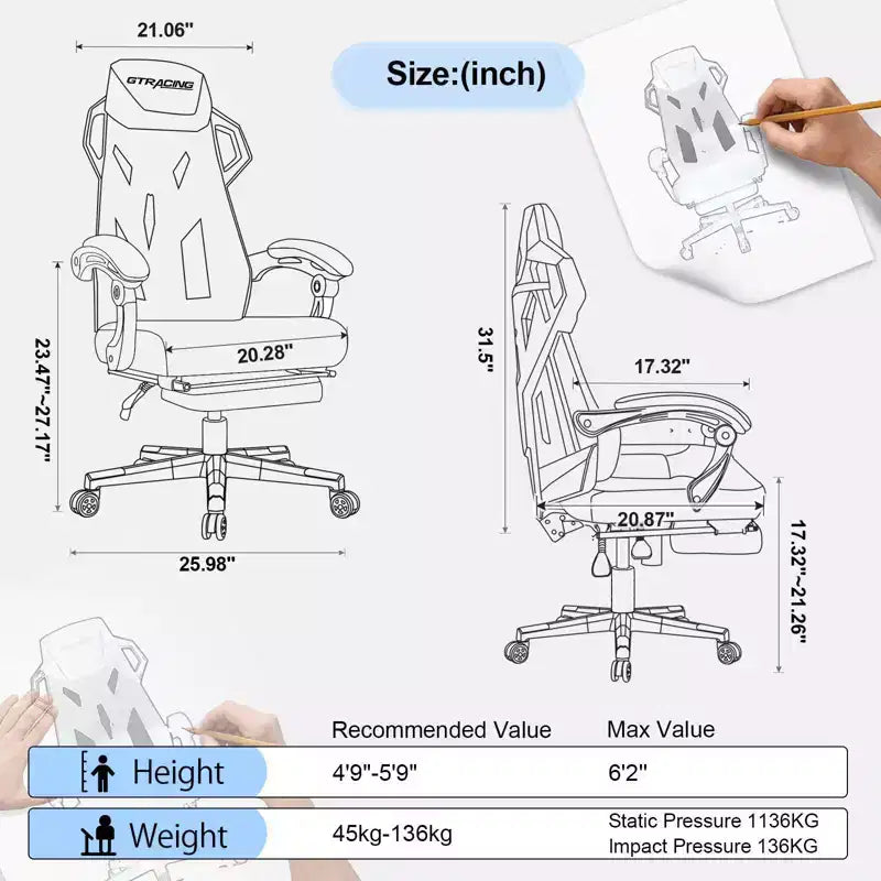 GTRACING Silla Gaming Silla de Oficina de Malla Ergonómica Reclinable con Reposapiés Negra