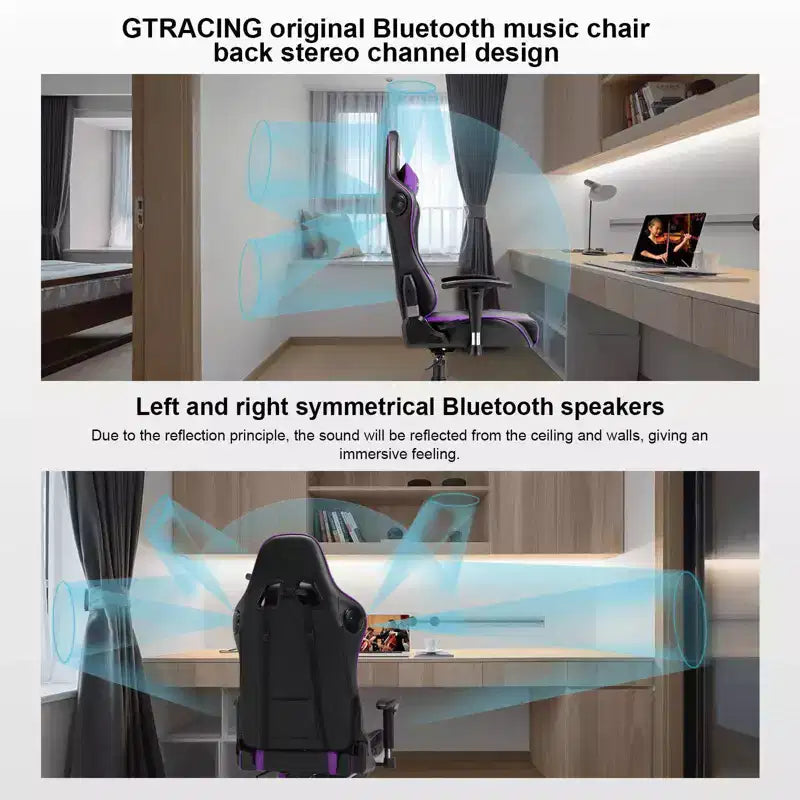 Silla de juego GTRACING con altavoces Bluetooth, silla de oficina de respaldo alto de PU, morado