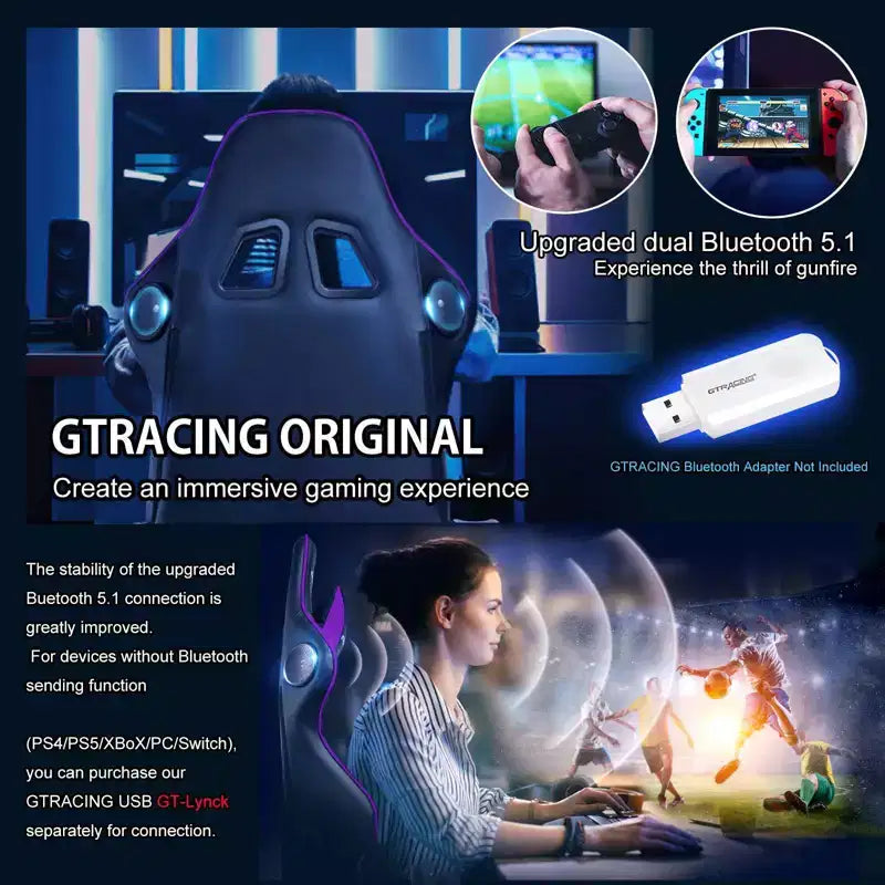 Silla de juego GTRACING con altavoces Bluetooth, silla de oficina de respaldo alto de PU, morado