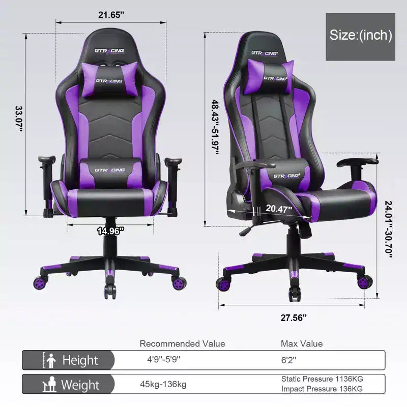Silla de juego GTRACING con altavoces Bluetooth, silla de oficina de respaldo alto de PU, morado