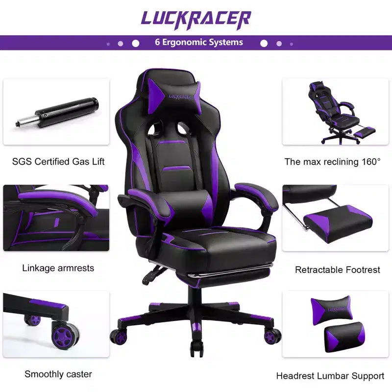Silla Gaming LUCKRACER con Reposapiés Silla de Escritorio de Oficina de Respaldo Alto Púrpura