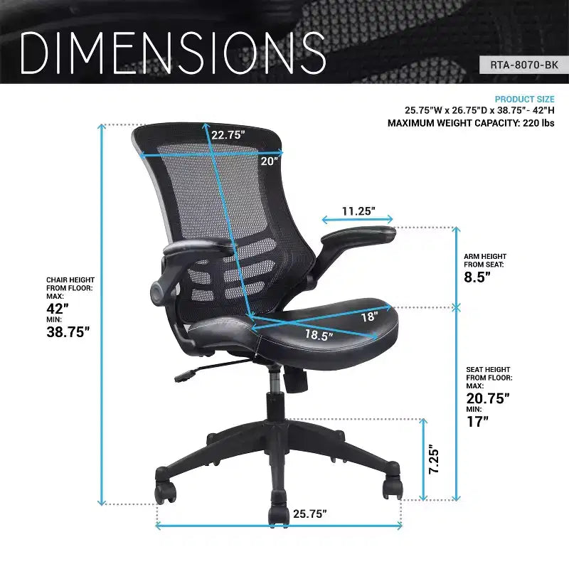 Modern Office Chair Black - Techni Mobili: Swivel, Mesh Back, Padded Flip-Up Arms
