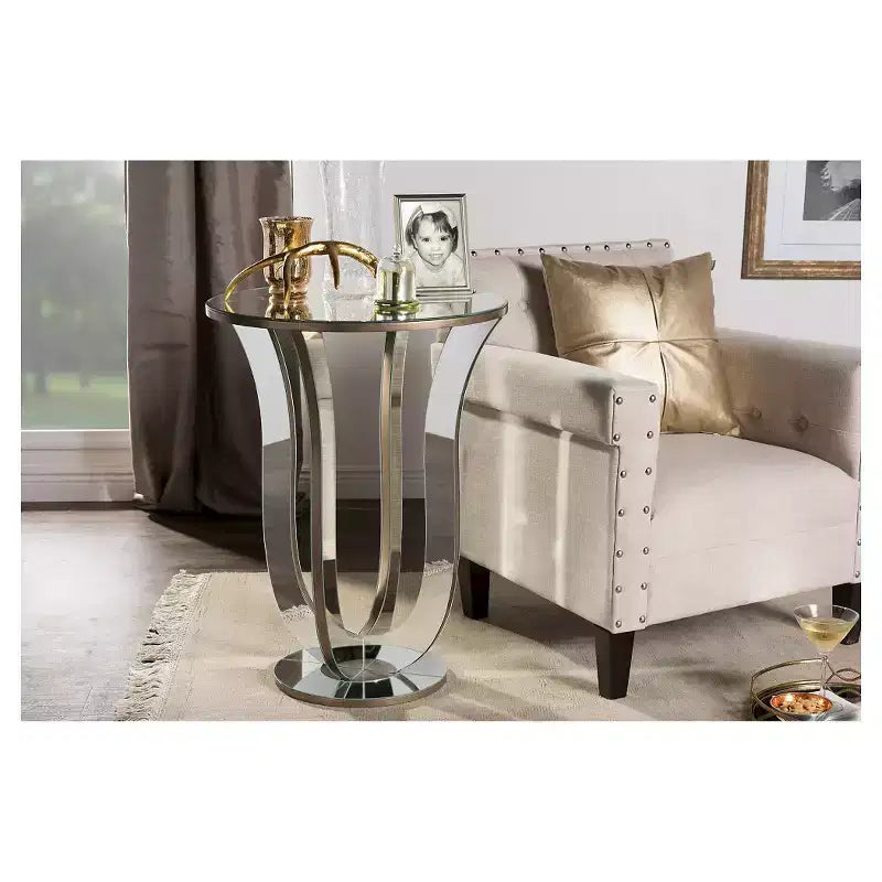 Kylie Modern and Contemporary Mirrored Side Table: Pedestal Base, Fully Assembled - Baxton Studio