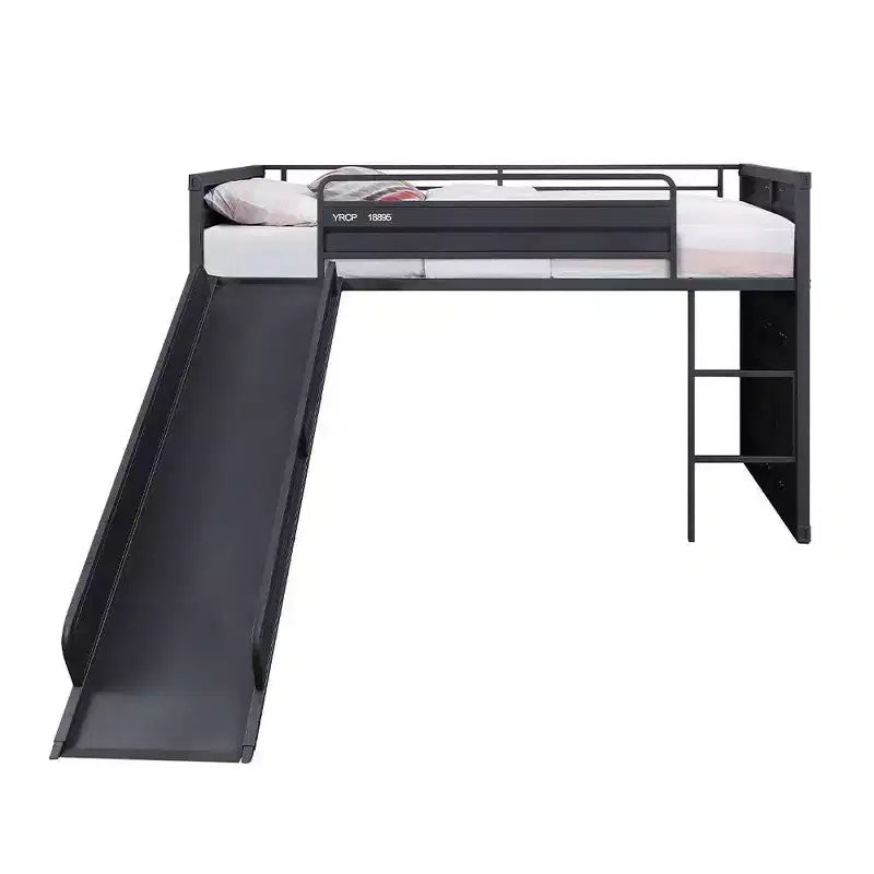 Cama alta individual de metal de 80" con tobogán y escalera, no requiere somier