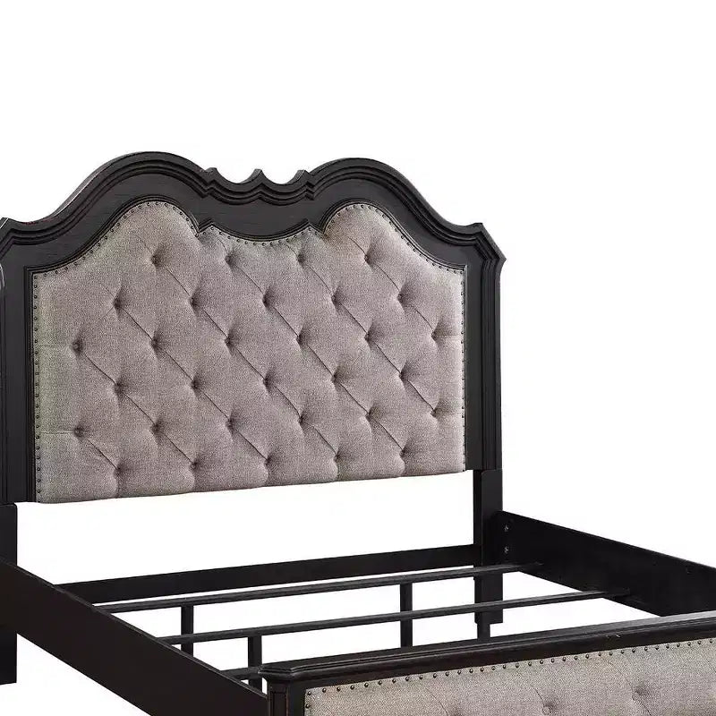 Cama Queen de 169 cm, tela beige, acabado negro antiguo - Tapicería de lino, marco de madera, diseño capitoné