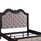 Cama Queen de 169 cm, tela beige, acabado negro antiguo - Tapicería de lino, marco de madera, diseño capitoné