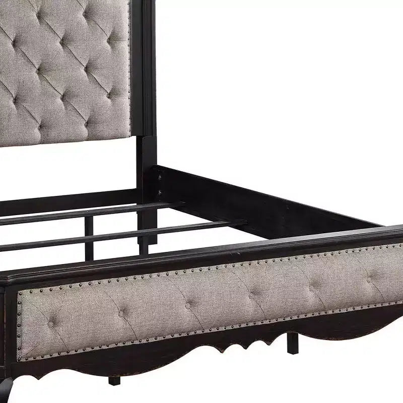 Cama Queen de 169 cm, tela beige, acabado negro antiguo - Tapicería de lino, marco de madera, diseño capitoné