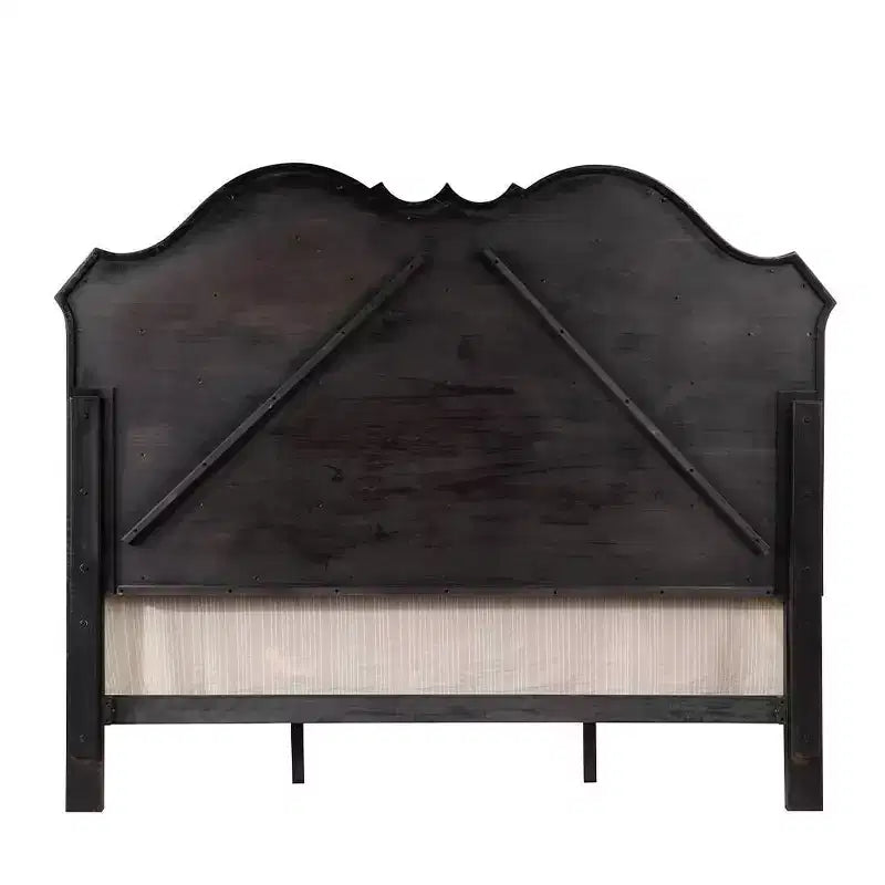 Cama Queen de 169 cm, tela beige, acabado negro antiguo - Tapicería de lino, marco de madera, diseño capitoné