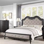 Cama Queen de 169 cm, tela beige, acabado negro antiguo - Tapicería de lino, marco de madera, diseño capitoné