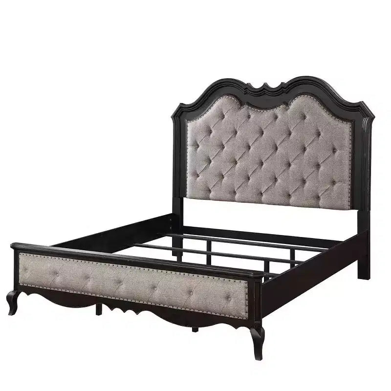 Cama Queen de 169 cm, tela beige, acabado negro antiguo - Tapicería de lino, marco de madera, diseño capitoné
