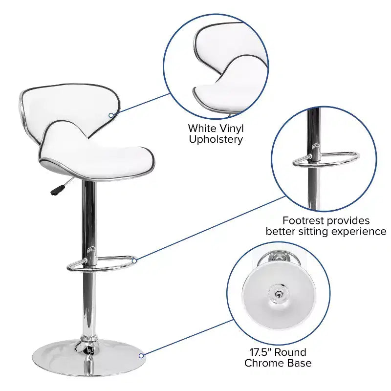 Tabouret de bar contemporain et confortable en vinyle mi-dossier, réglable en hauteur, avec base chromée de Flash Furniture