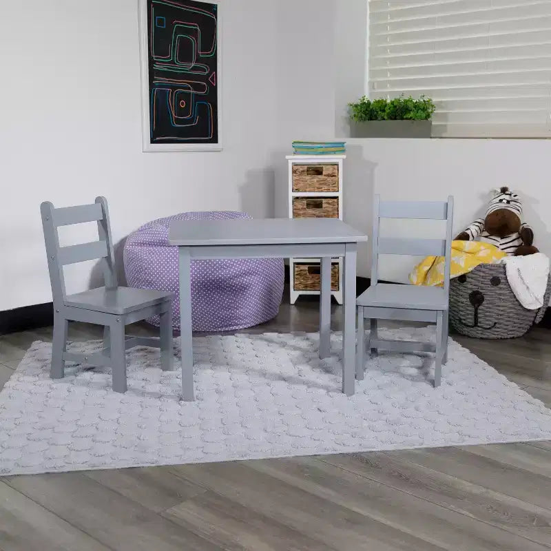 Emma and Oliver Kids 3 Piece Solid Hardwood Table and Chair Set for Playroom, Kitchen