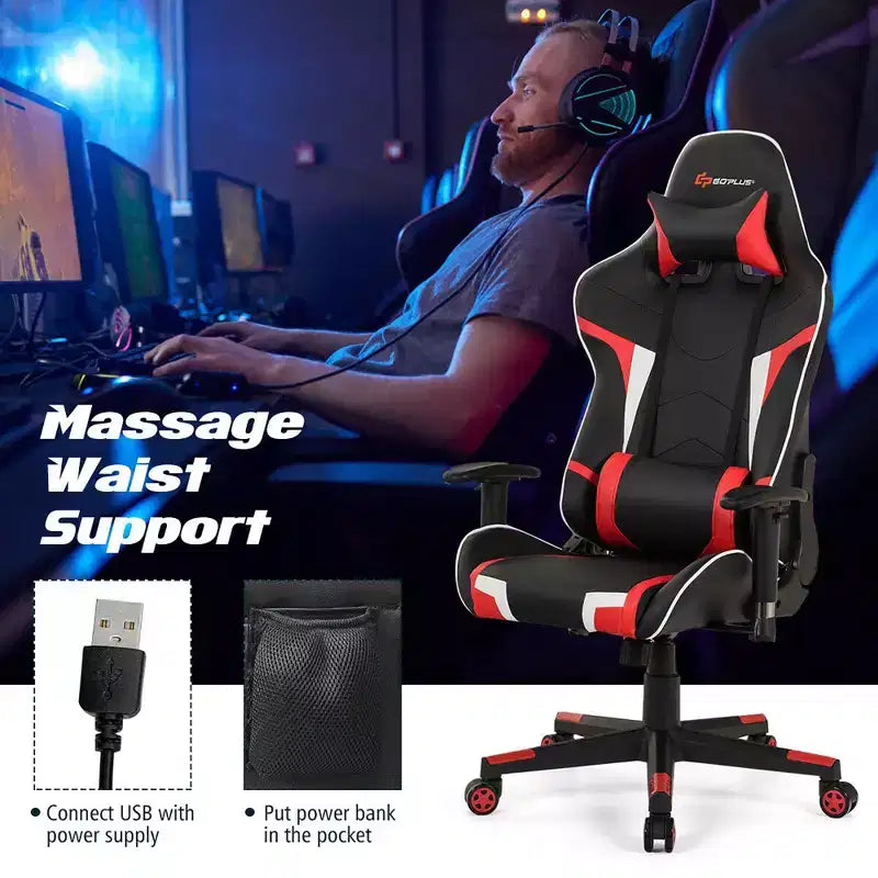 Silla ergonómica reclinable para videojuegos Costway con masaje, giratoria, de oficina, con soporte lumbar, en blanco, azul, gris o rojo