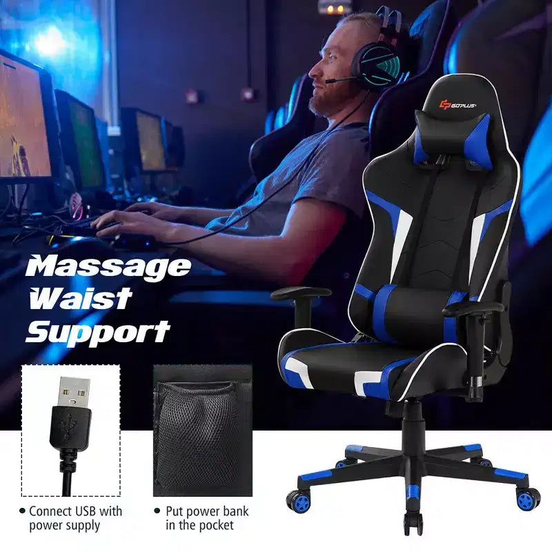 Silla ergonómica reclinable para videojuegos Costway con masaje, giratoria, de oficina, con soporte lumbar, en blanco, azul, gris o rojo