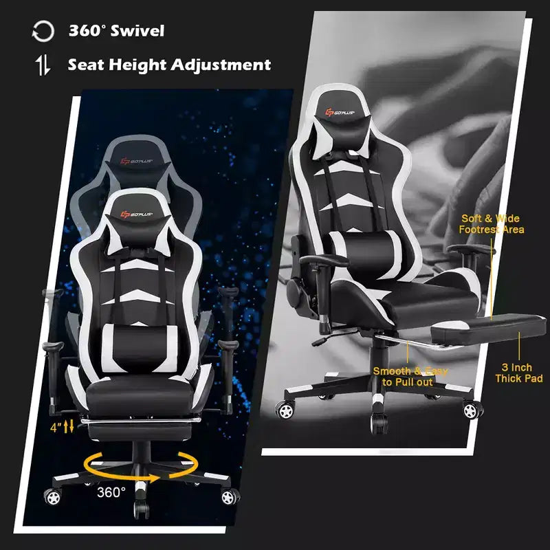 Sillón de oficina de masaje Costway, reclinable, giratorio, estilo racing, con reposapiés