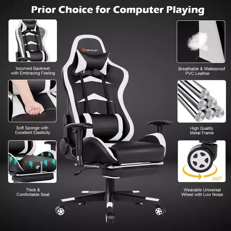 Sillón de oficina de masaje Costway, reclinable, giratorio, estilo racing, con reposapiés