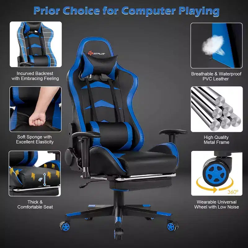 Sillón de oficina de masaje Costway, reclinable, giratorio, estilo racing, con reposapiés
