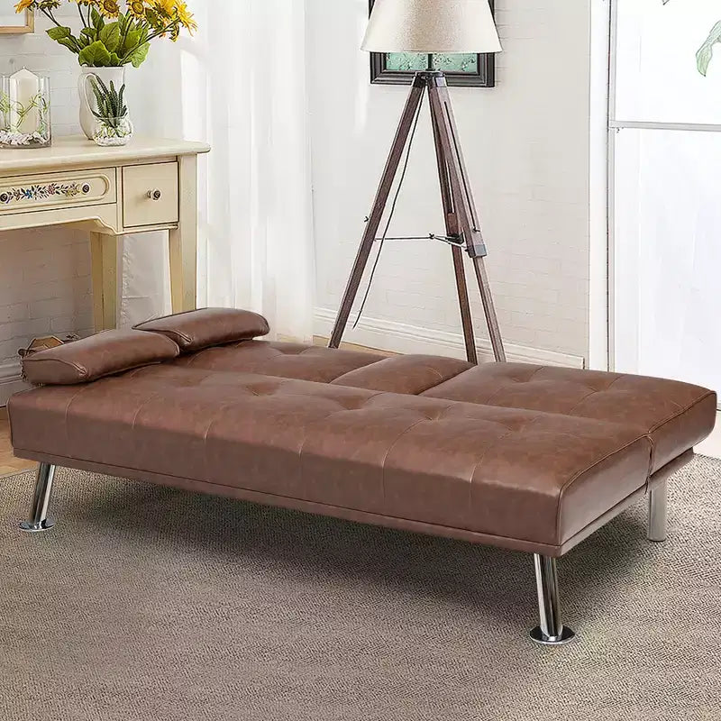 Canapé-lit futon pliant convertible Costway en cuir avec porte-gobelets et accoudoirs Blanc/Noir/Marron