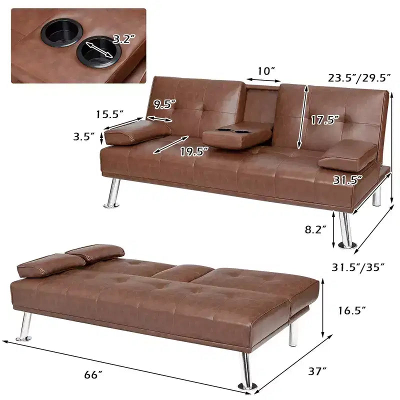 Canapé-lit futon pliant convertible Costway en cuir avec porte-gobelets et accoudoirs Blanc/Noir/Marron