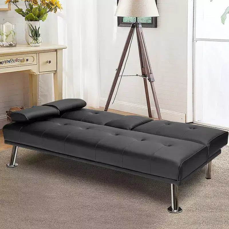 Canapé-lit futon pliant convertible Costway en cuir avec porte-gobelets et accoudoirs Blanc/Noir/Marron