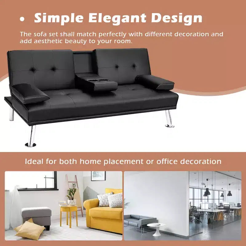 Canapé-lit futon pliant convertible Costway en cuir avec porte-gobelets et accoudoirs Blanc/Noir/Marron