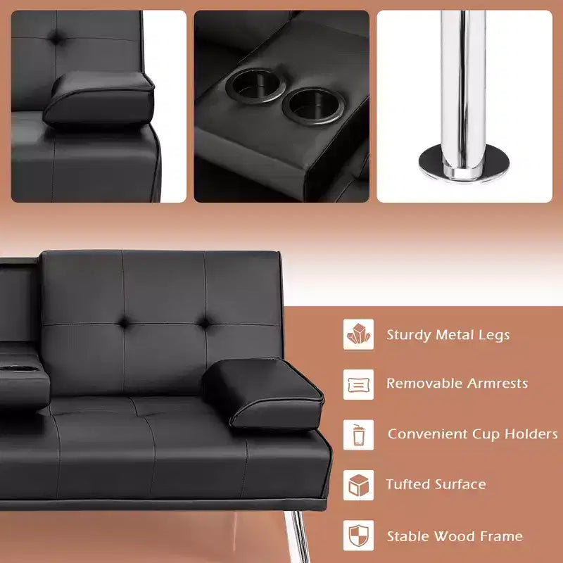 Canapé-lit futon pliant convertible Costway en cuir avec porte-gobelets et accoudoirs Blanc/Noir/Marron