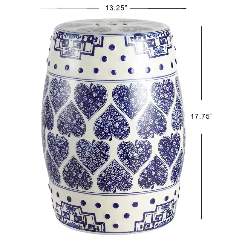 JONATHAN Y Happy Hearts 17.8 Chinoiserie Ceramic Drum Garden Stool/Accent Table, Blue/White