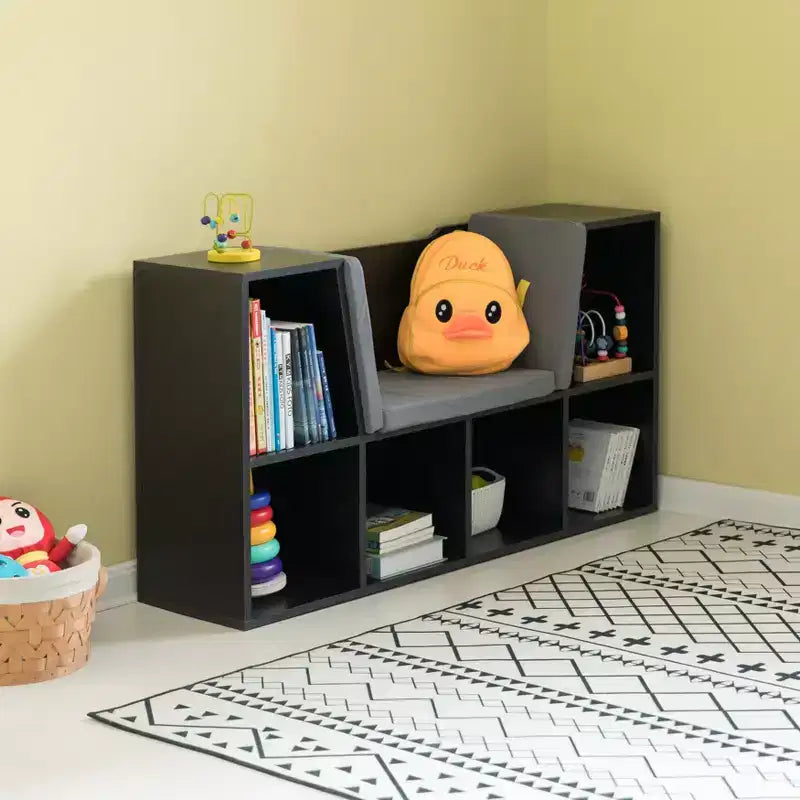 Basicwise Modern Multi-Purpose Bookshelf with Storage Space and Gray Cushioned Reading Nook
