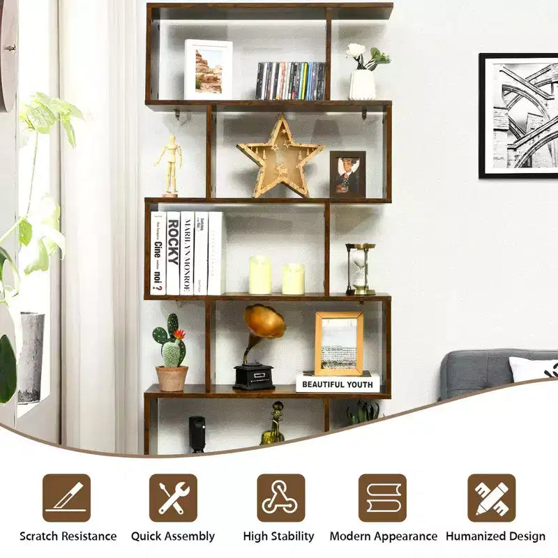 Costway 1/2 PCS 6 Tier S-Shaped Bookshelf Storage Display Bookcase Z-Shelf Coffee